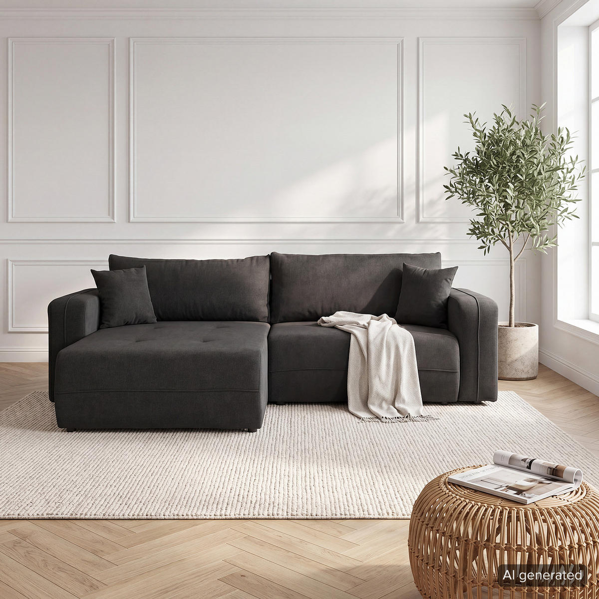 ECKSOFA mit Schlaffunktion - 244 cm - Anthrazit/Schwarz, Kunststoff/Textil (244/145cm) - home24