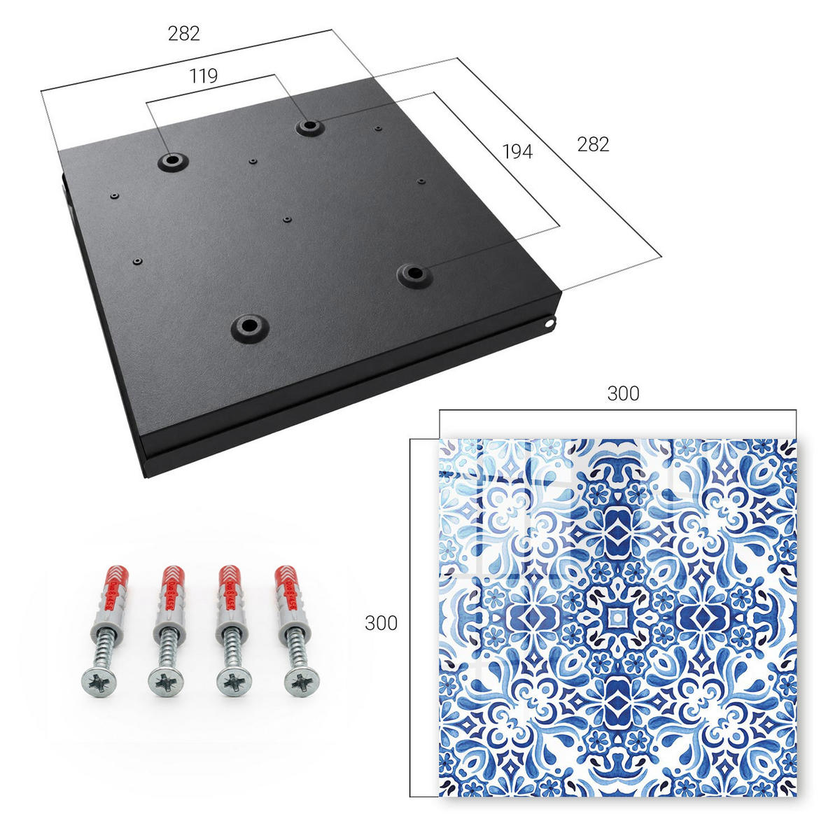 SCHLÜSSELBOX Schwarz 30x30 cm- Türöffnung nach rechts - Fliesenornamente - Blau, Metall (30/30/5cm) - TULUP