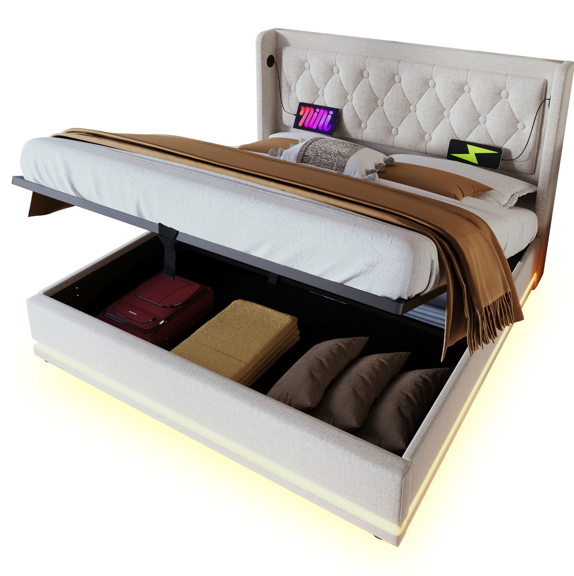 POLSTERBETT 180/200 cm Beige aus Baumwolle mit LED und USB-C - Beige, Textil (180/200cm) - OKMYHOME