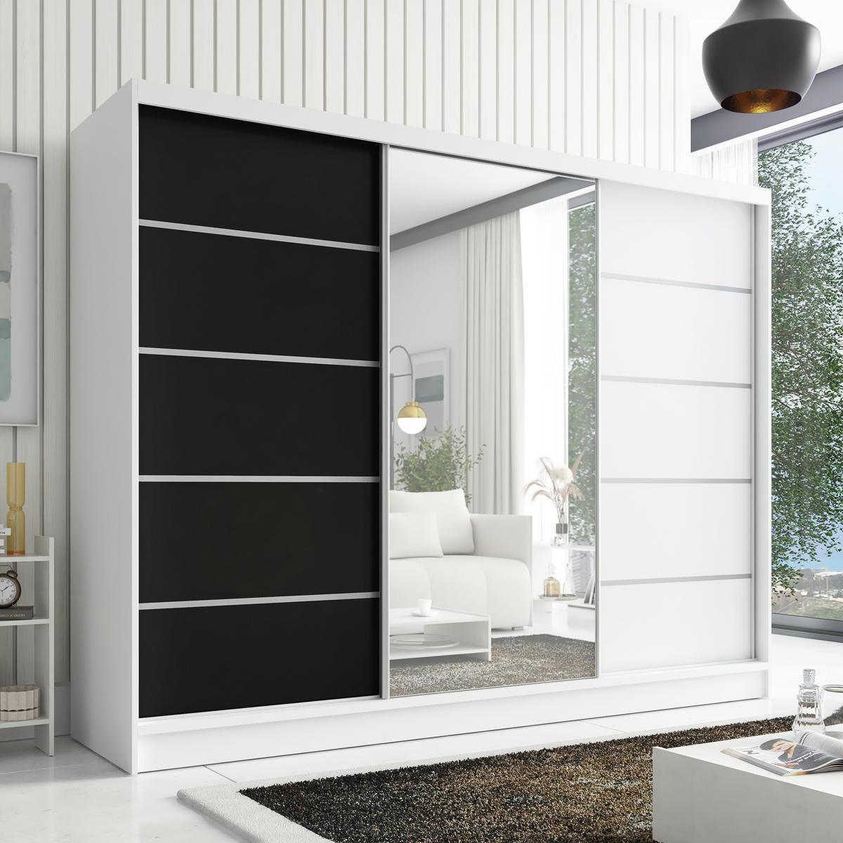 SCHWEBETÜRENSCHRANK 200 cm AURELIA 1 Farbe: Weiß, Schwarz, Weiß - Schwarz/Weiß, Holzwerkstoff (200/215/60cm) - A&J MöbelLand