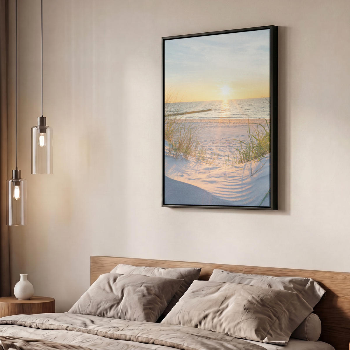LEINWAND Bilder mit Rahmen - Strand - Sonne - Düne - Gras - Sand - Horizont - 50x70 - Hellblau, Textil (50/70cm) - MuchoWow