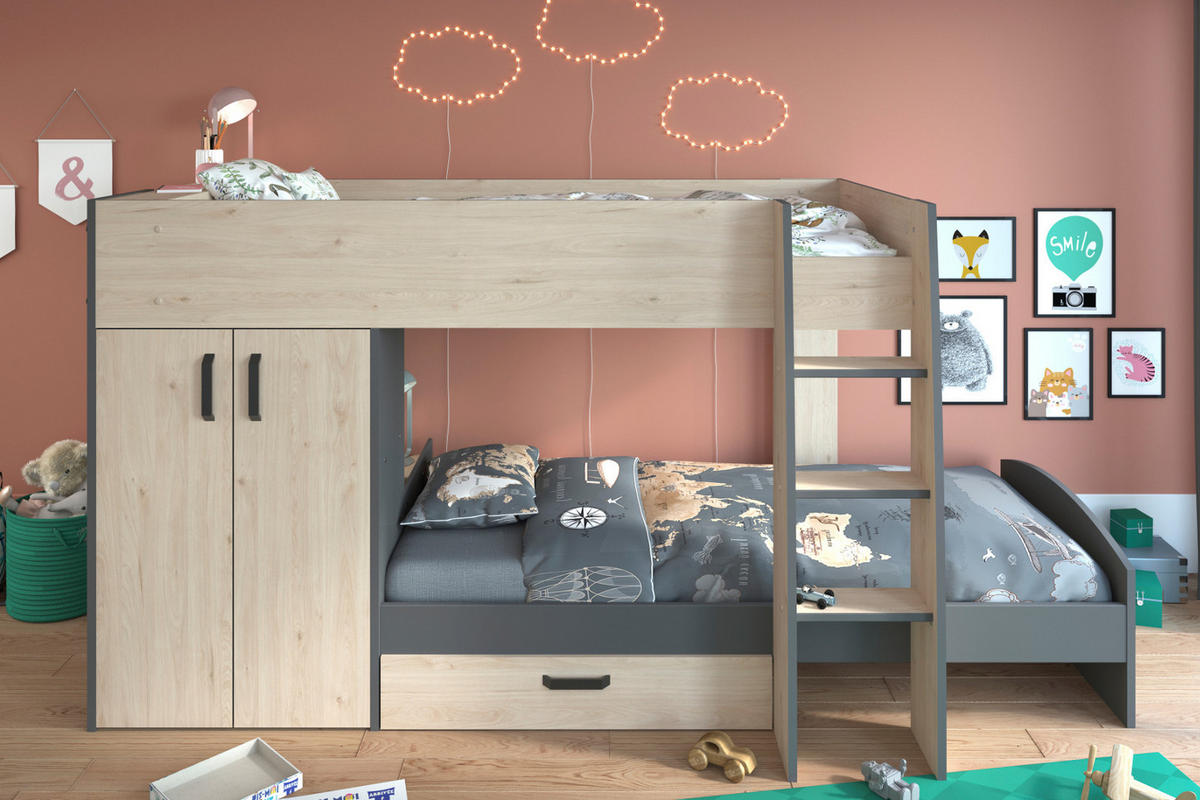 ETAGENBETT Hochbett mit Kleiderschrank Schublade Bett 90 x 200 cm - Eichefarben/Schwarz, Holz/Holzwerkstoff (90/200cm) - Parisot Meuble