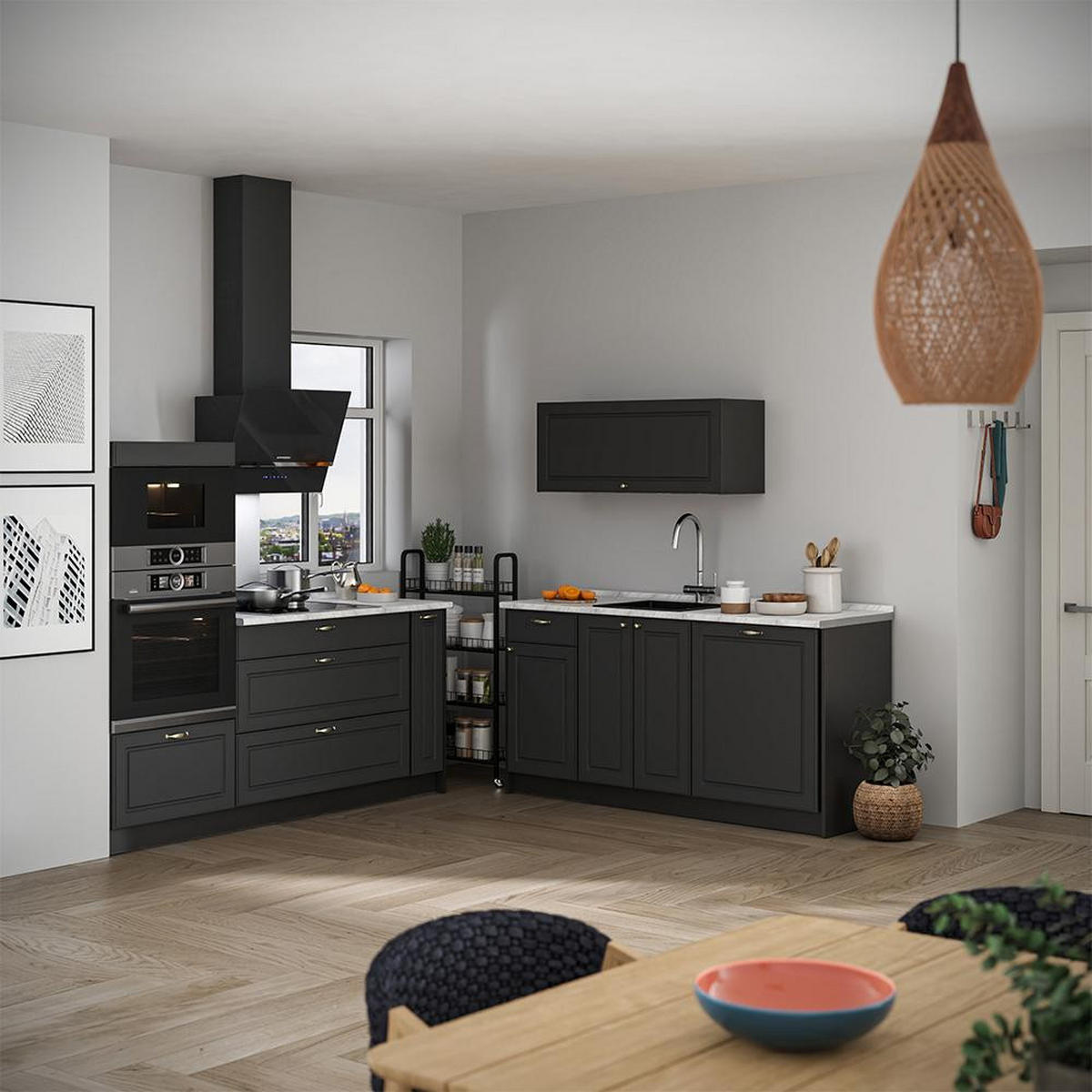 KUHINJA Fame-Line, Anthrazit-zlata hiša Landhaus/Antracit, 340 cm, DP Antracit - antracit, leseni material (340/153.6/60cm) - Vicco