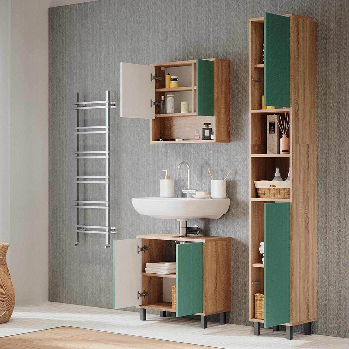 BADMÖBEL-SET Agasta Mintgrün 3 Teile, mit Hochschrank - Mintgrün/Sonoma Eiche, Holzwerkstoff (56/57/28cm) - Vicco