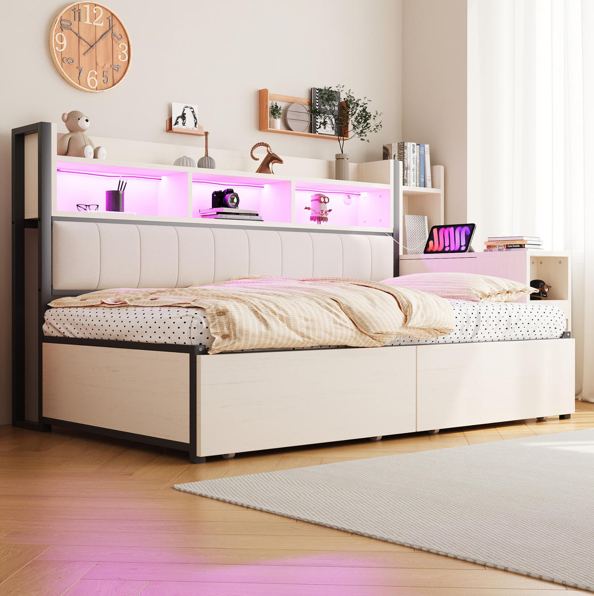JEDNOLŮŽKOVÁ postel 90/200 cm bílá v dekoru dřeva z kovu a dřeva s úložným prostorem a stolem - bílá, kov (90/200cm) - OKWISH