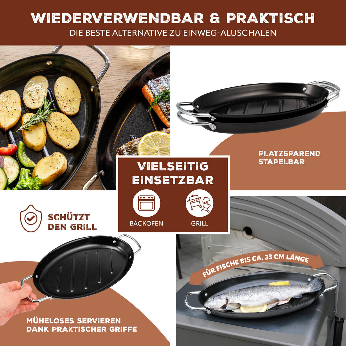 FISCH-GRILLPFANNE 2er-Set, schwarz, Metall - Schwarz, Metall (39.5/3.5/20.5cm) - bremermann