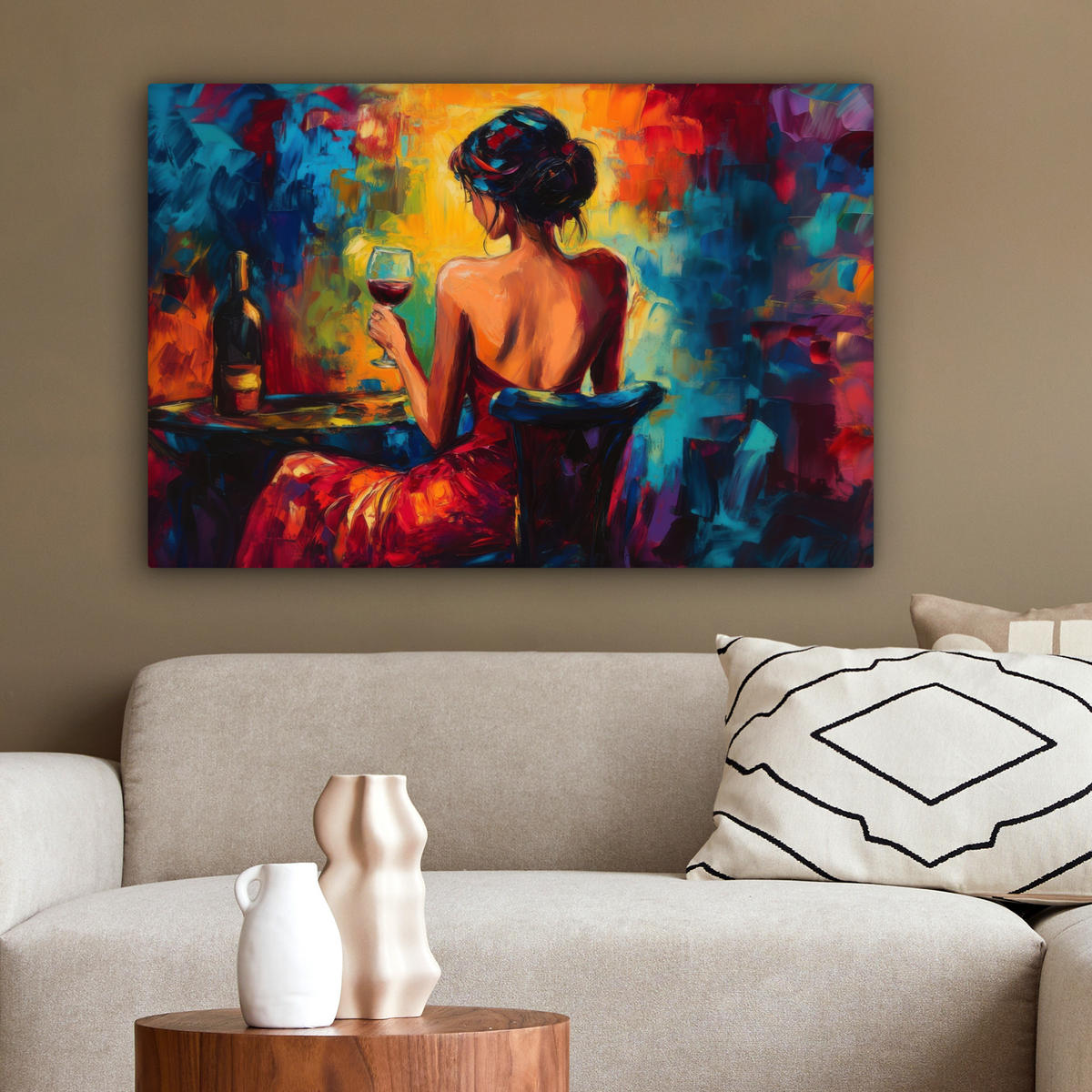 LEINWANDBILD Wein - Frau - Stimmungsvoll - Farbenfroh Gemälde 60x40 cm - Bordeaux, Textil (60/40cm) - MuchoWow