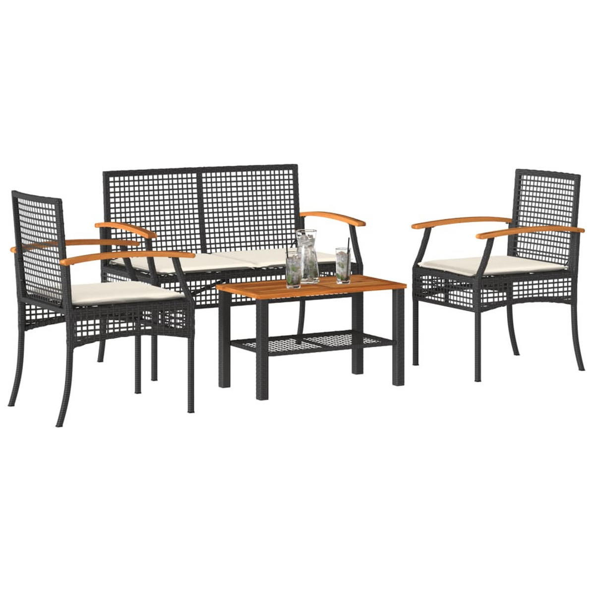 GARTEN-LOUNGE-SET 4-TLG. Mit Kissen Schwarz Poly Rattan - Schwarz, Kunststoff - vidaXL