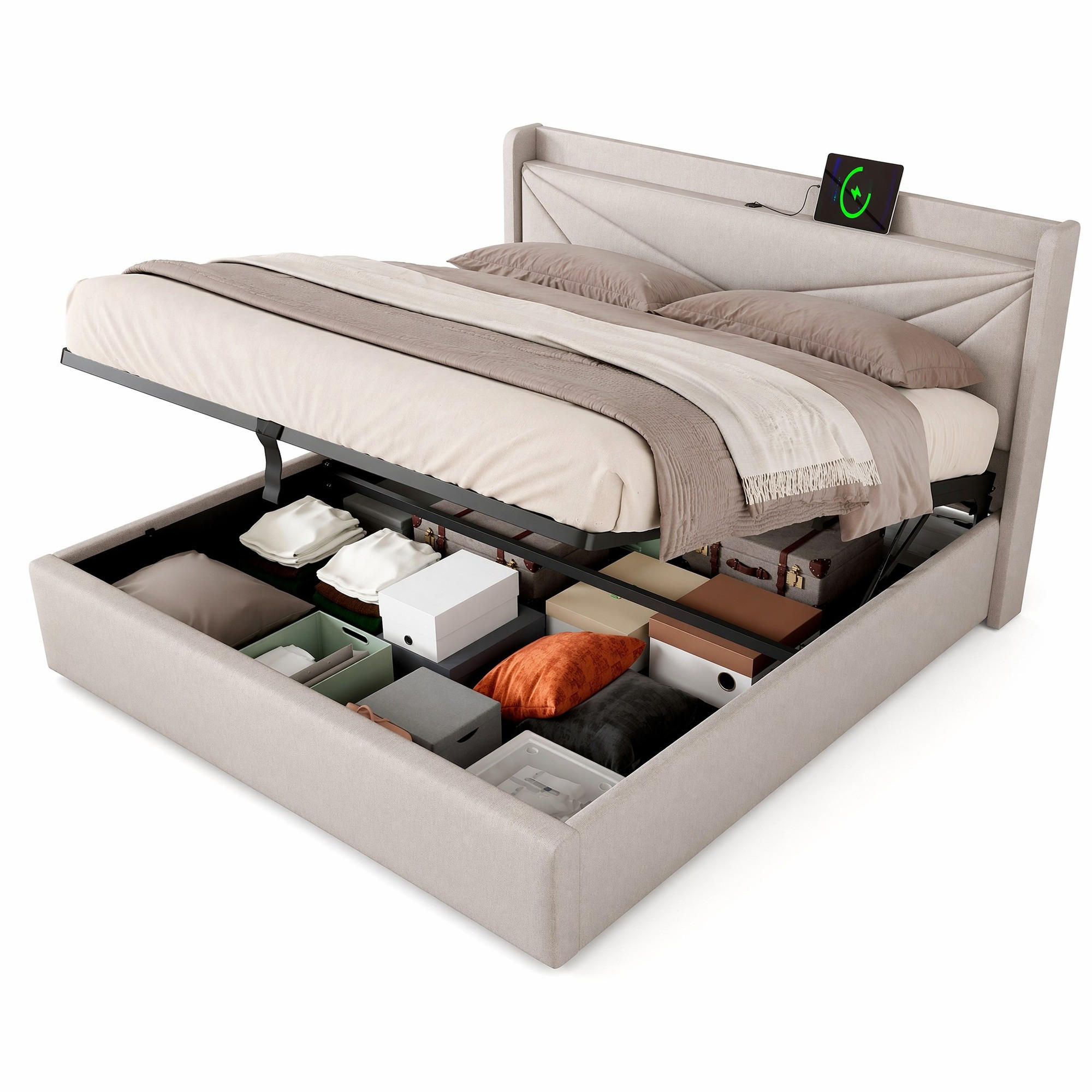 ČALOUNĚNÁ POSTEL 160/200 cm v béžové látce s úložným prostorem, USB a Type-C - béžová, kov/kompozitní dřevo (160/200cm) - CHICFURN