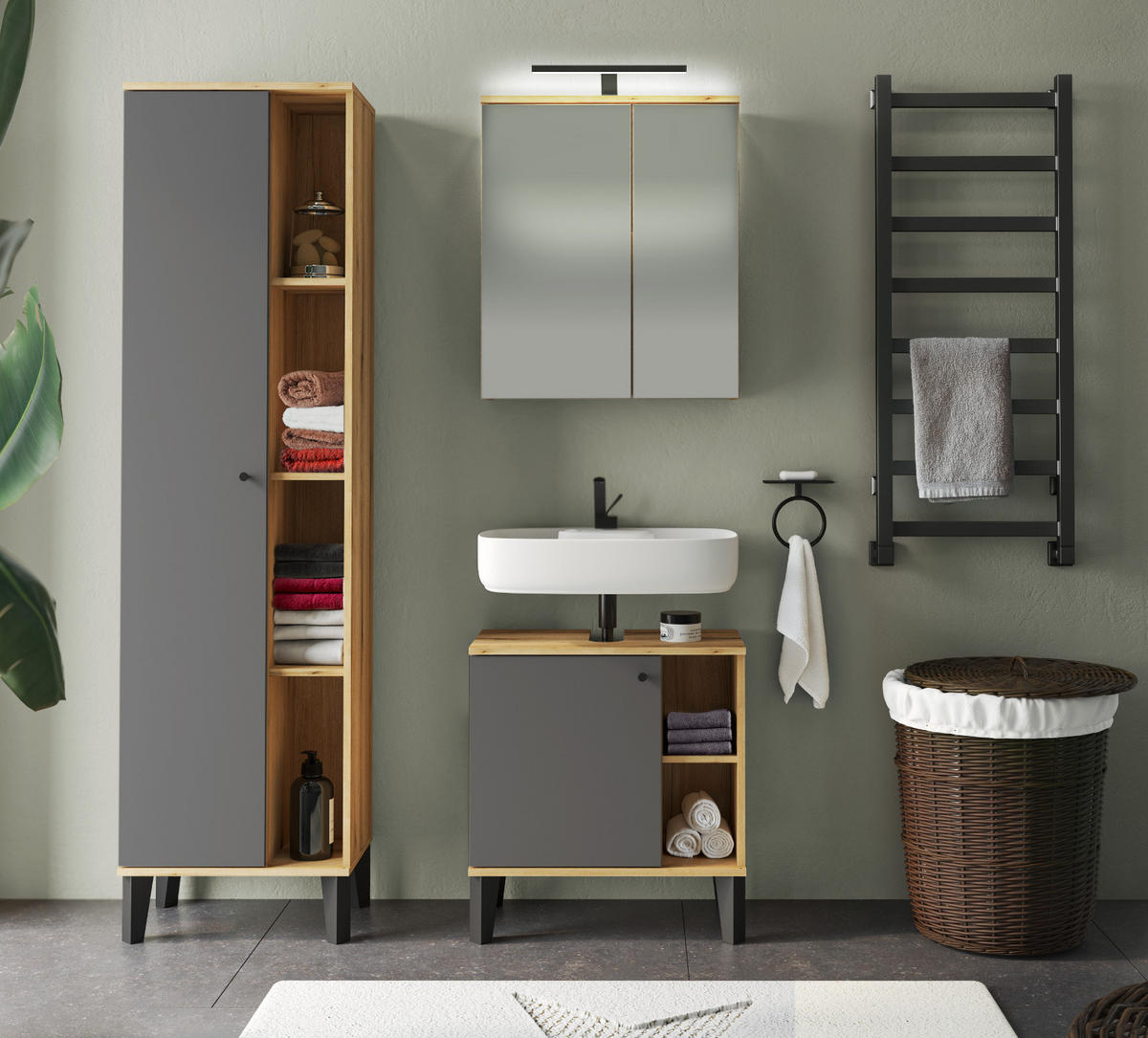 BADMÖBEL-SET 3-teilig grau, Evoke Eiche, Badkombination 121 x 190 cm - Eichefarben/Grau, Glas/Holzwerkstoff (121/190/33cm) - Furn.Design