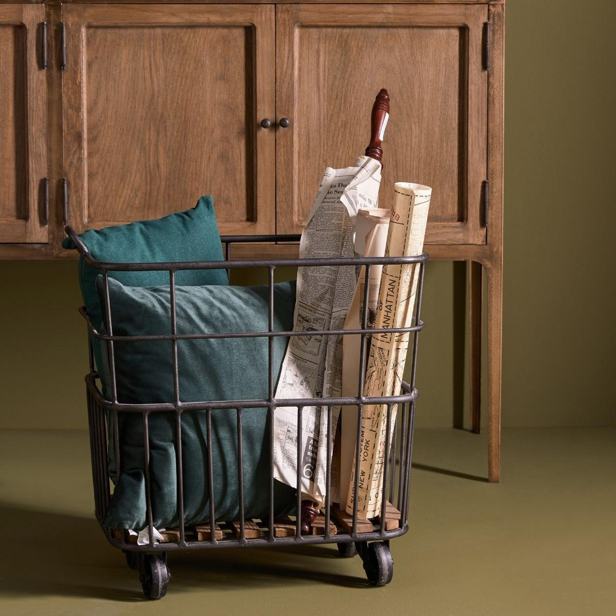 METALLISCHER Rollenholzwagen - 54/35/53 cm - Anthrazit, Holz (35/53/54cm) - Signature