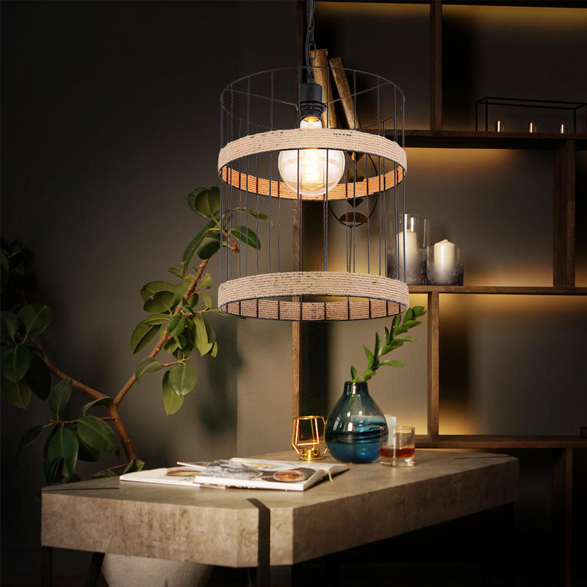 HÄNGELEUCHTE Gitteroptik Schwarz Hanfseil - Schwarz, Metall (35/35/145cm) - Globo Lighting