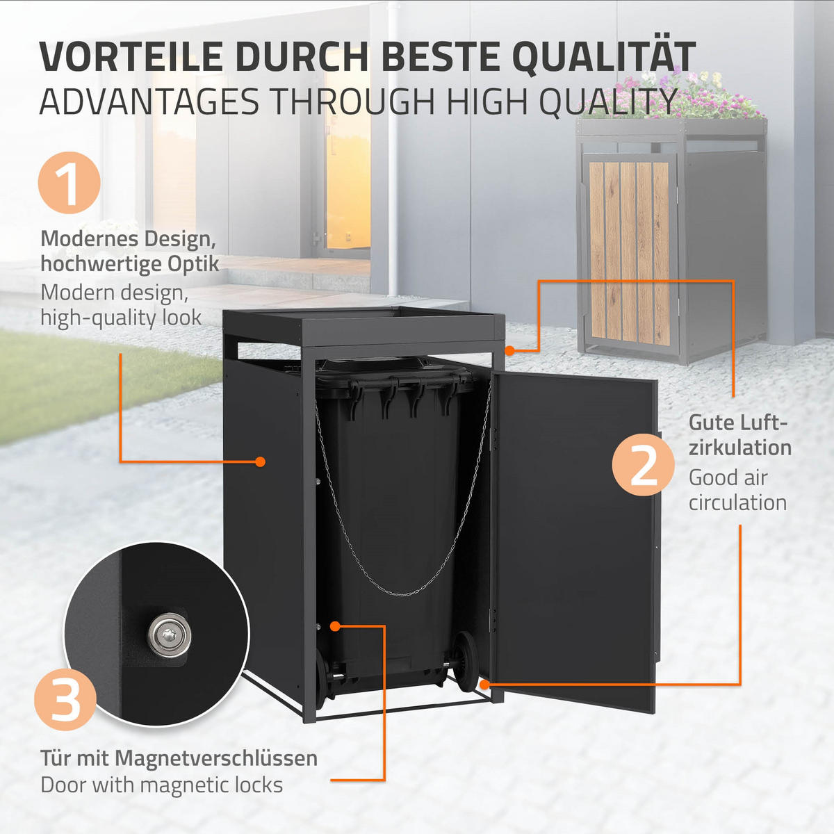 MÜLLTONNENBOX 1er mit Pflanzdach 240L Anthrazit-Eiche hell aus Stahl - Hellbraun, Metall (80/124/68cm) - ML-DESIGN