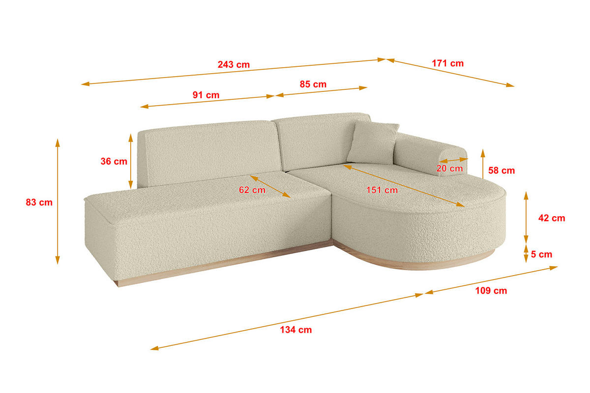 ROHOVÁ SEDAČKA s otomanem, pravá ARRIO-L1 243x171x83 Béžová Buklé - černá/béžová, kompozitní dřevo/textil (243/171cm) - ALTDECOR