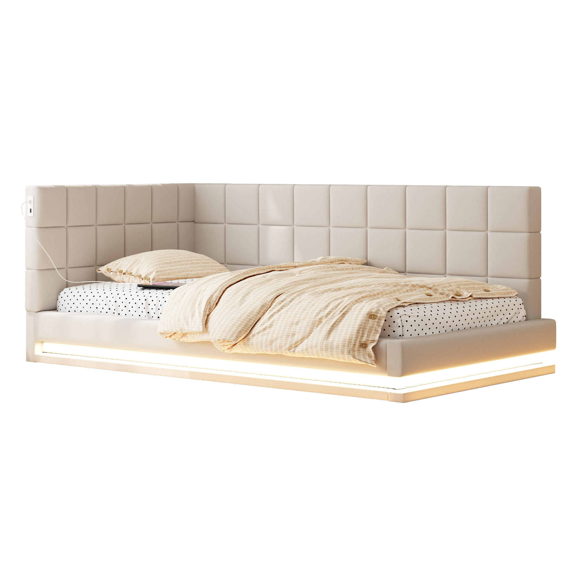 POLSTERBETT 90/200 cm mit LED-Beleuchtung und USB-Steckdose Leinenstoff Beige - Beige, Textil (90/200cm) - OKWISH
