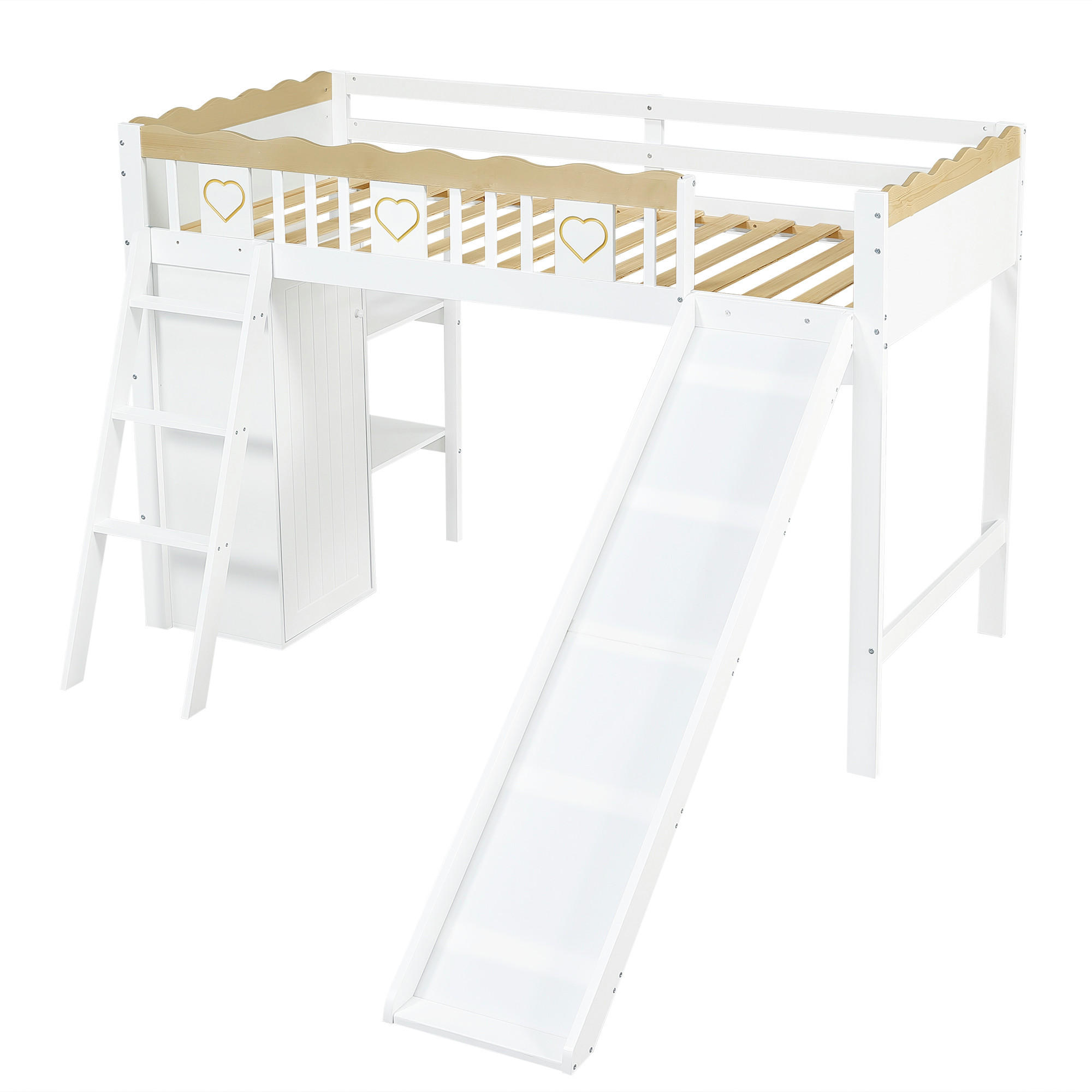 SPIELBETT 90/200 cm DE-02303, in Weiß, mit Rutsche, Kleiderschrank und Ablageschrank - Weiß/Naturfarben, Holz/Holzwerkstoff (90/200cm) - ComfortXL