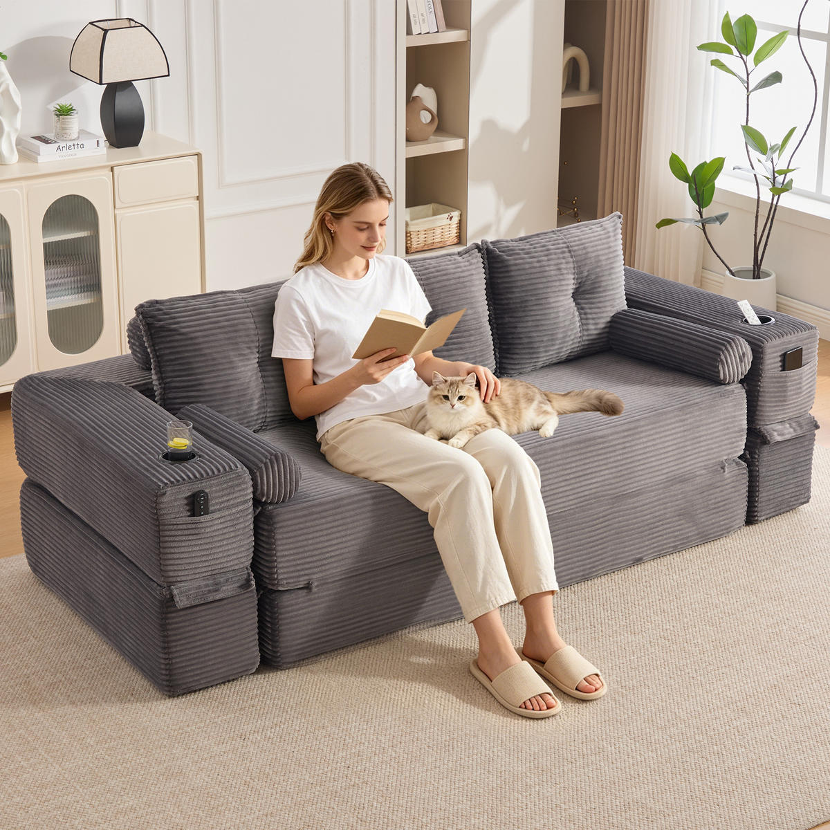 SCHLAFSOFA, 2-in-1 Klappsofa mit Getränkehalter, Modulares Bodensofa Cordstoff, Dunkelgrau - Dunkelgrau, Textil (232/80/98cm) - LVHOM