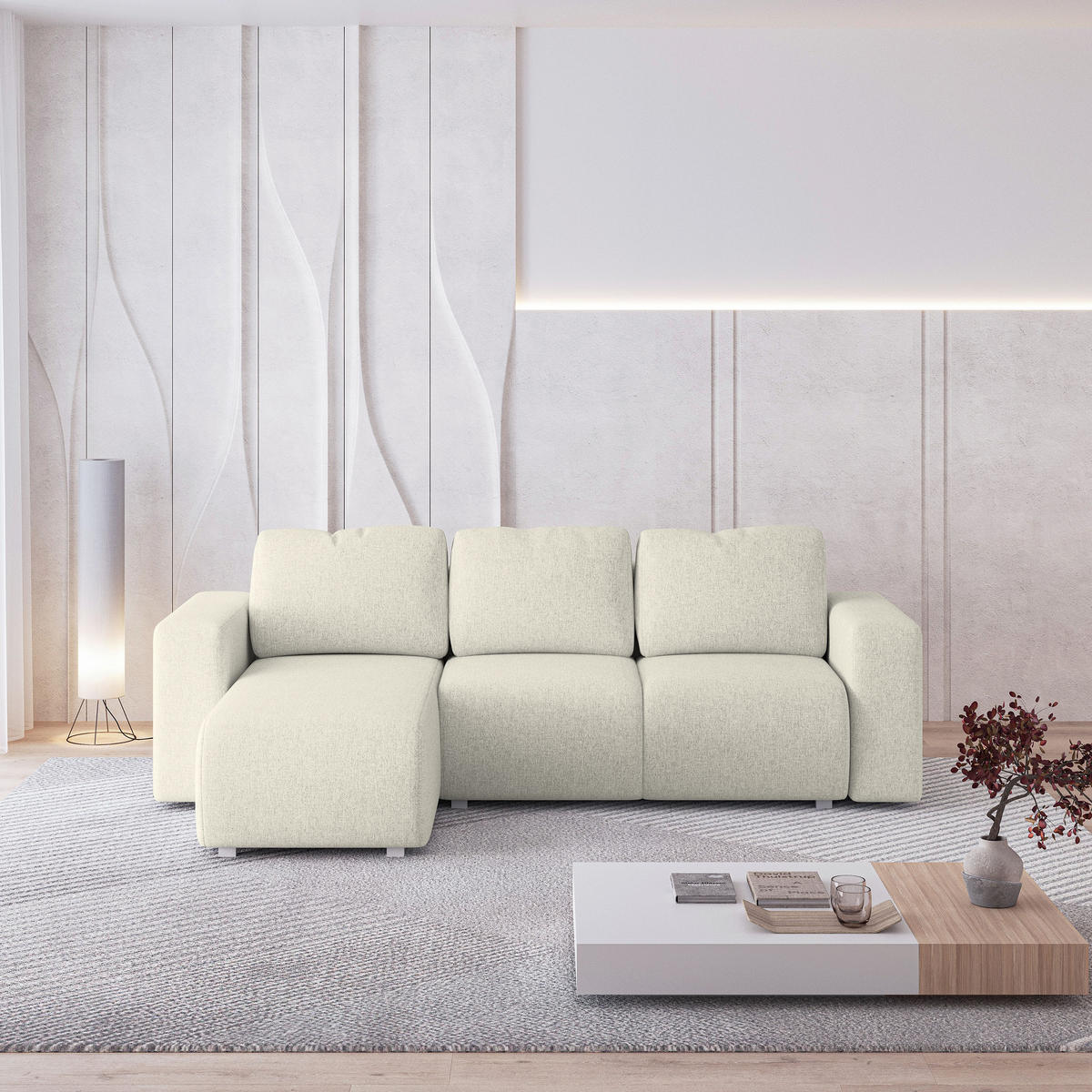 ECKSOFA RINOVA Creme Geflochtener Stoff mit Schlaffunktion - Creme, Holz (250/143cm) - MASSENO