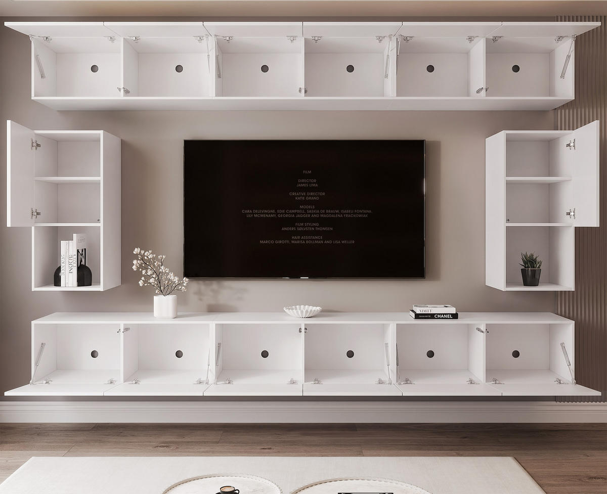 WOHNWAND ANGEL LINE IV 4-teilig, mit LED-Beleuchtung, Weiß Hochglanz - Weiß Hochglanz, Holzwerkstoff (300/162/40cm) - Idohome