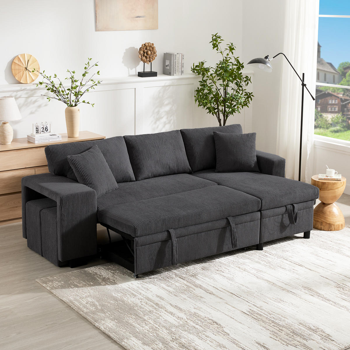 SCHLAFSOFA L-Form mit USB, Kissen und Seitenablagen - Grau, Textil (231/84/131.5cm)