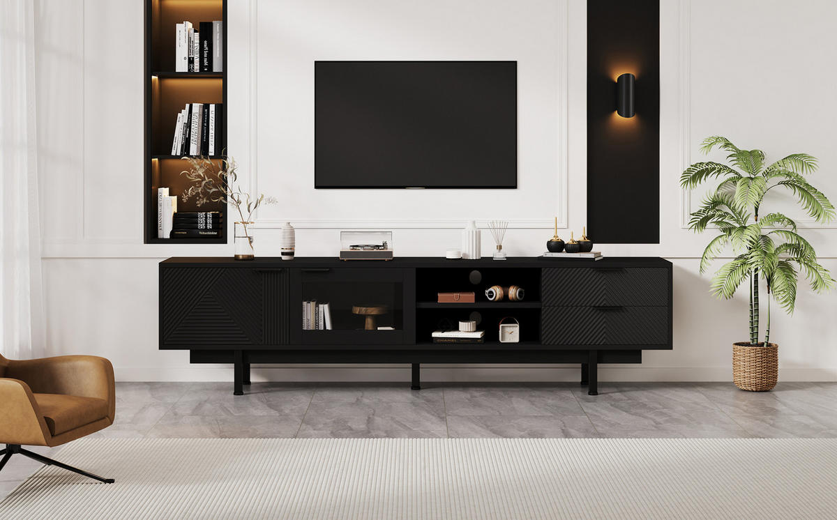 TV-LOWBOARD aus Spanplatte 200x40x50,5 cm Schwarz mit 2 Türen, 2 Schubladen und Ablagefächern - Schwarz, Holzwerkstoff (200/50.5/40cm) - Modfu