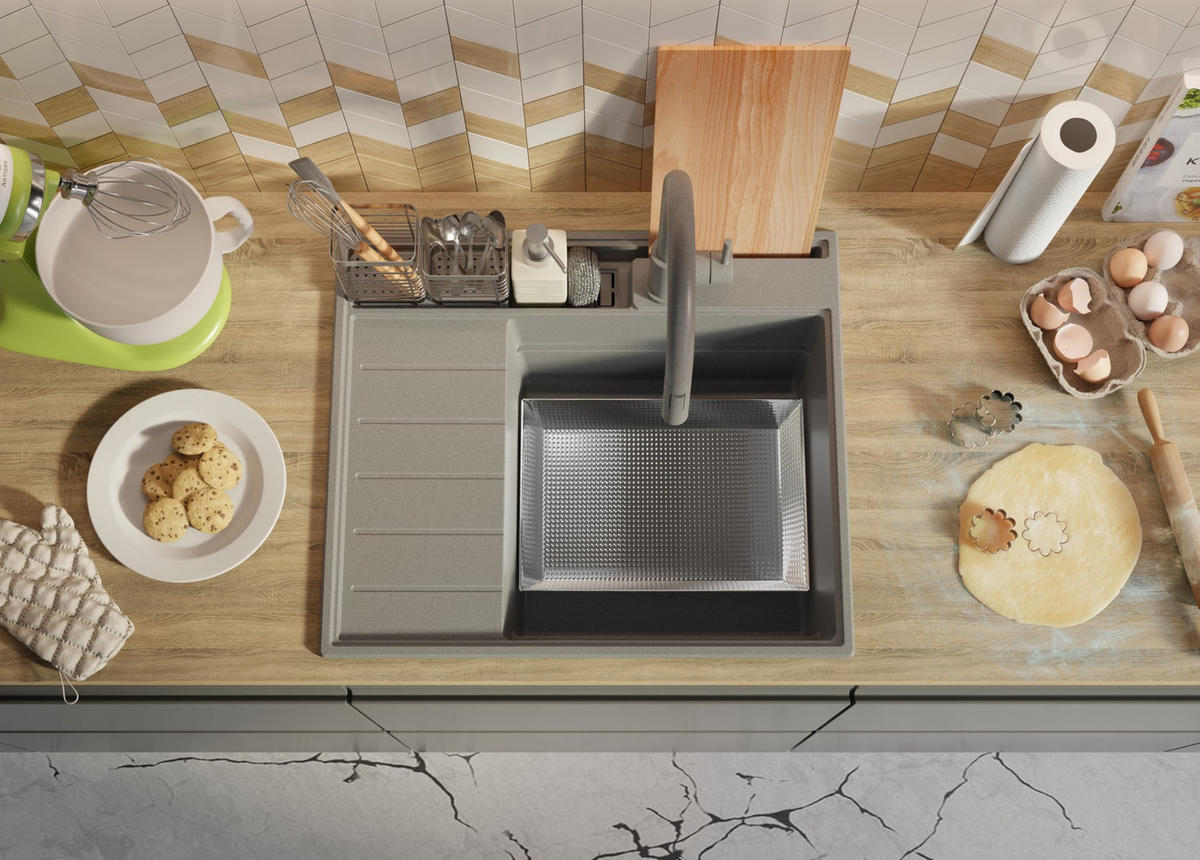 SPÜLBECKEN Sydney Pocket, 2-er set Grau 62/53 cm 1 Becken + Ablauf-Set + Küchenzubehörset ab 45er Unterschrank - Chromfarben/Beige, Kunststoff (62/20/53cm) - Primagran