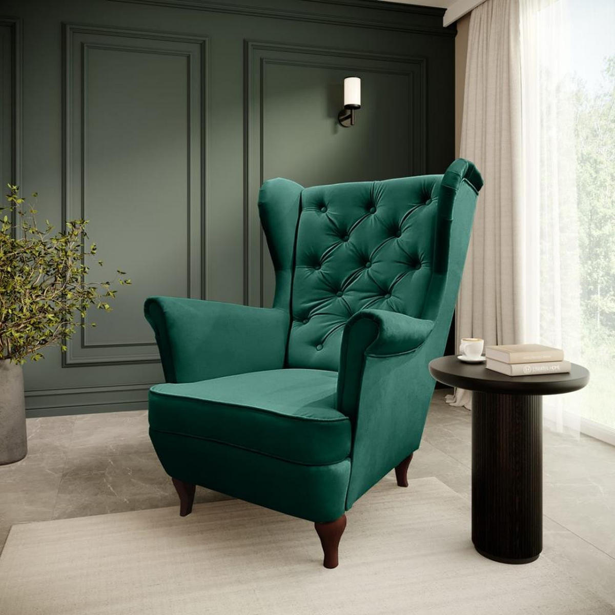 CHESTERFIELD-SESSEL Falco grün mit Holzbeinen - Wengefarben/Grün, Holz/Textil (82/102/92cm) - Beautysofa
