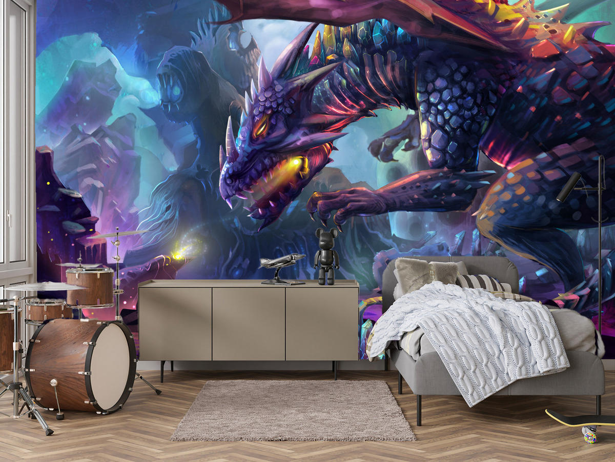 FOTOTAPETE für Jugendzimmer Fantastischer Drache Magische Welt Fantasy 450x315 - Türkis/Violett, Papier (450/315cm) - Muralo