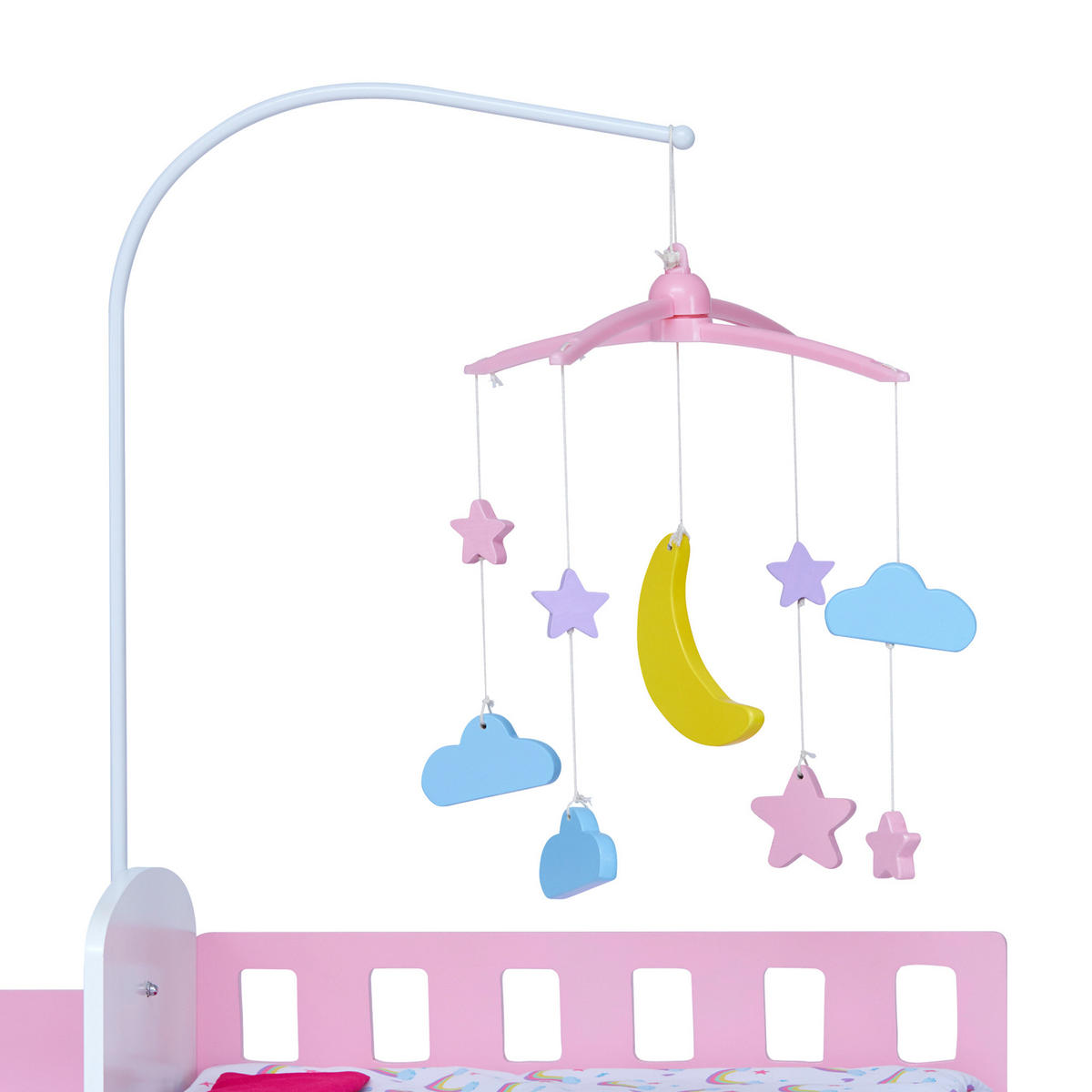 PUPPEN NURSERY 6 in 1 Holz Set mit Bett Mobile Spuele Hochstuhl, Rosa, 63cm - Pink, Holzwerkstoff (28/63/100cm) - Teamson Kids
