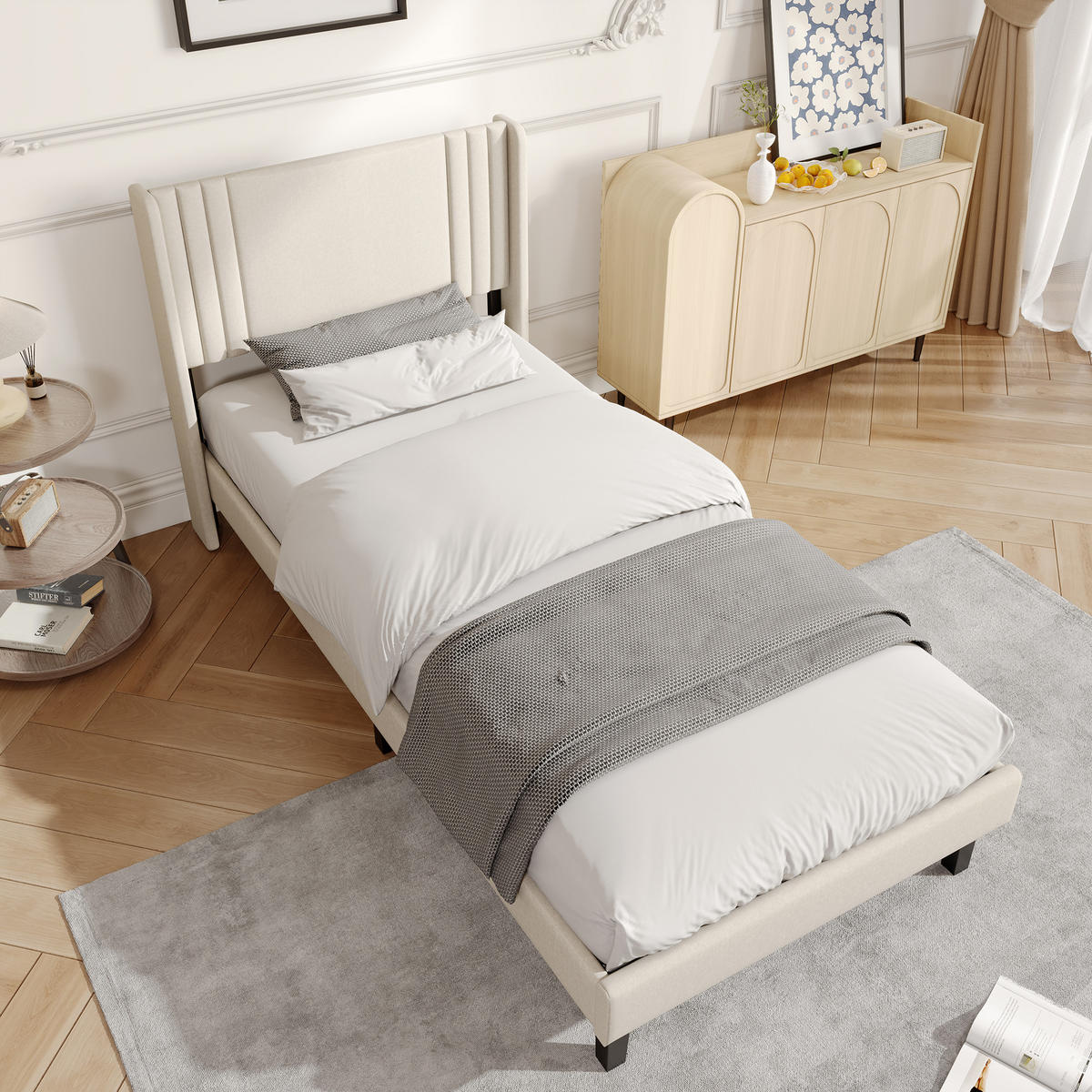 POLSTERBETT 90x200 cm Kopfteil Lattenrost Leinen Einzelbett beige - Beige, Holz (90/200cm) - LEBENLANG