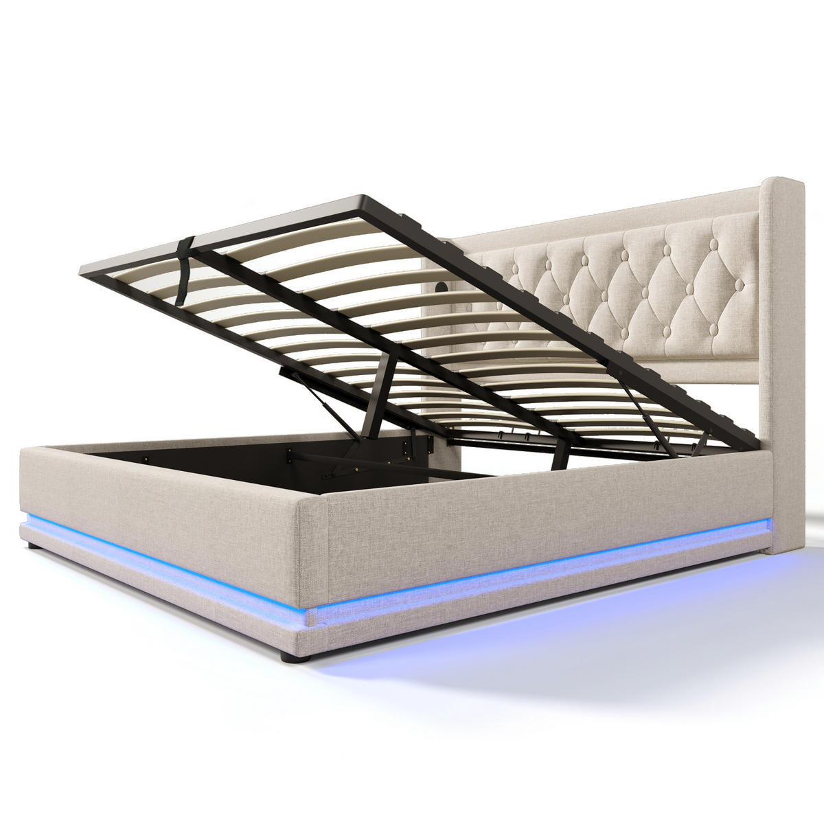 POLSTERBETT 140/200 cm mit LED-Beleuchtung, USB-C, hydraulischem Bettkasten und Matratze, Baumwolle, Beige - Beige, Textil (140/200cm) - Redom
