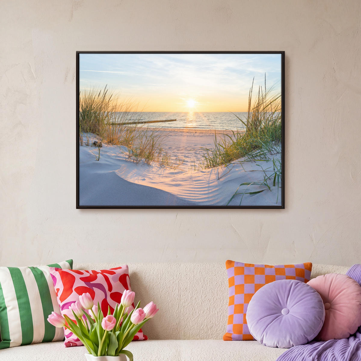 LEINWAND Bilder mit Rahmen - Strand - Sonne - Düne - Gras - Sand - Horizont - 70x50 - Hellblau, Textil (70/50cm) - MuchoWow