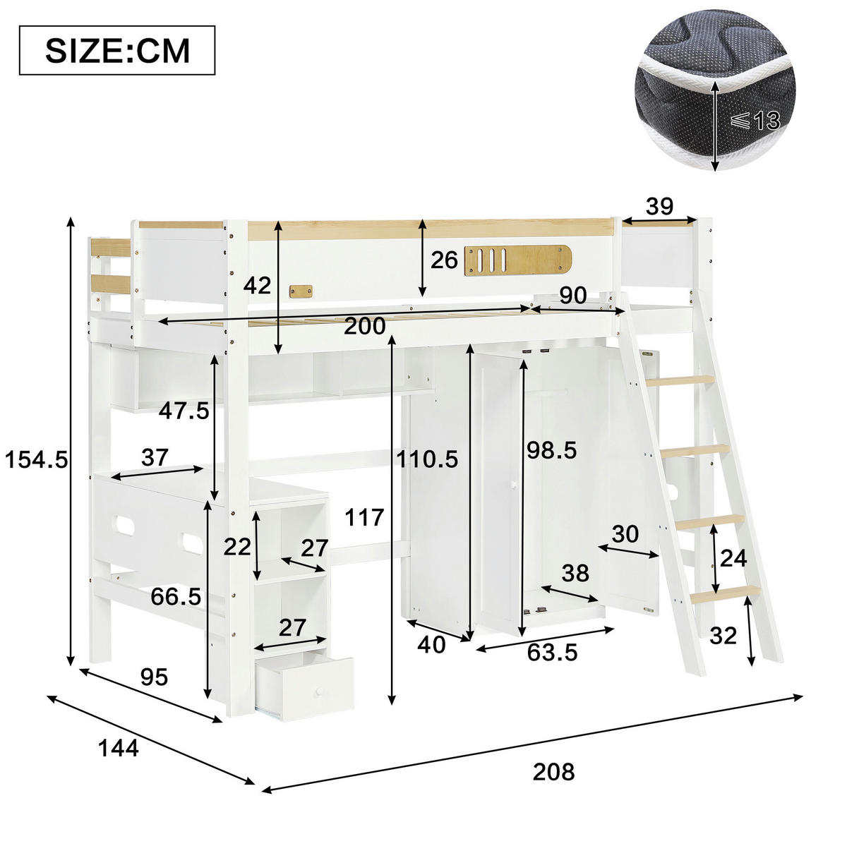 ETAGENBETT 90/200 cm aus Kiefer und MDF mit Schreibtisch und Kleiderschrank Weiß/Natur - Weiß, Holz (90/200cm) - Modenvie