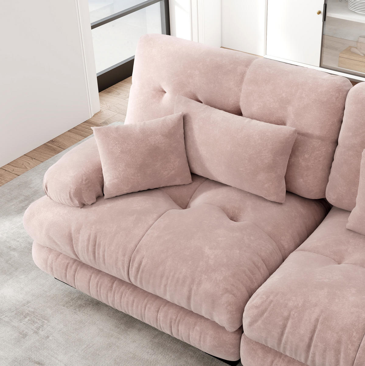 ECKSOFA modular mit beweglichen Ottomane, breiten Polsterarmlehnen und Kissen aus Chenille, Pink - Pink, Textil (220/145cm) - Redom