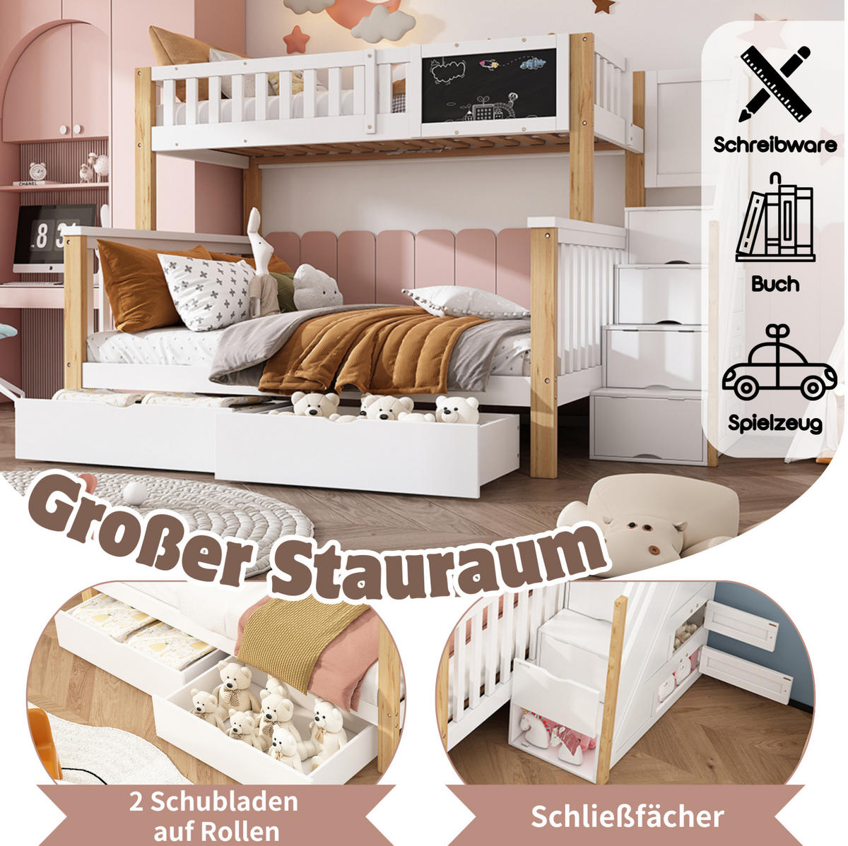 ETAGENBETT 90/200 cm in Weiß/Hell-Eiche mit Tafel und Stauraum - Weiß, Holz (90/200cm) - OKMYHOME