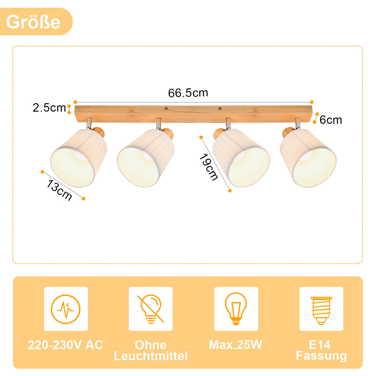 DECKENSTRAHLER Fyrith 66.5/13/19 cm - Weiß/Braun, Holz/Textil (66.5/13/19cm) - ZMH