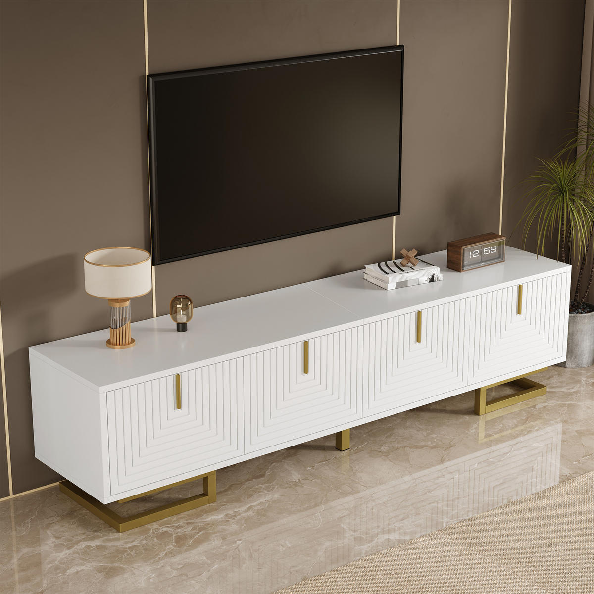 TV-SCHRANK Lowboard strukturierte Türen Gold modern - Weiß, Holzwerkstoff (38/44.5/160cm) - FLIEKS