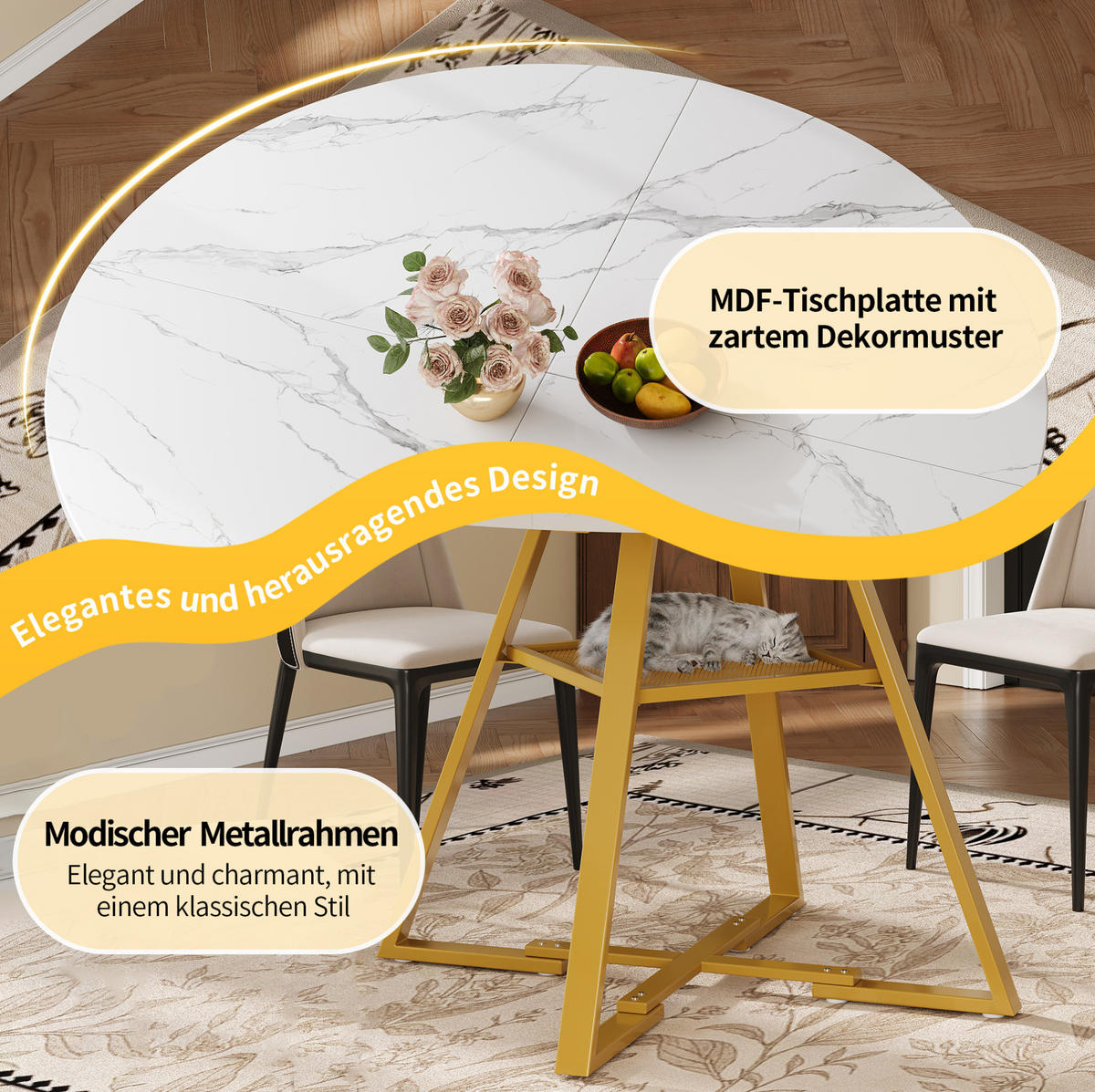 RUNDER Esstisch, MDF in Marmoroptik mit Metallgestell & Ablageregal, Ø 120/75 cm, Weiß - Weiß, Holzwerkstoff (120/120/75cm) - Redom