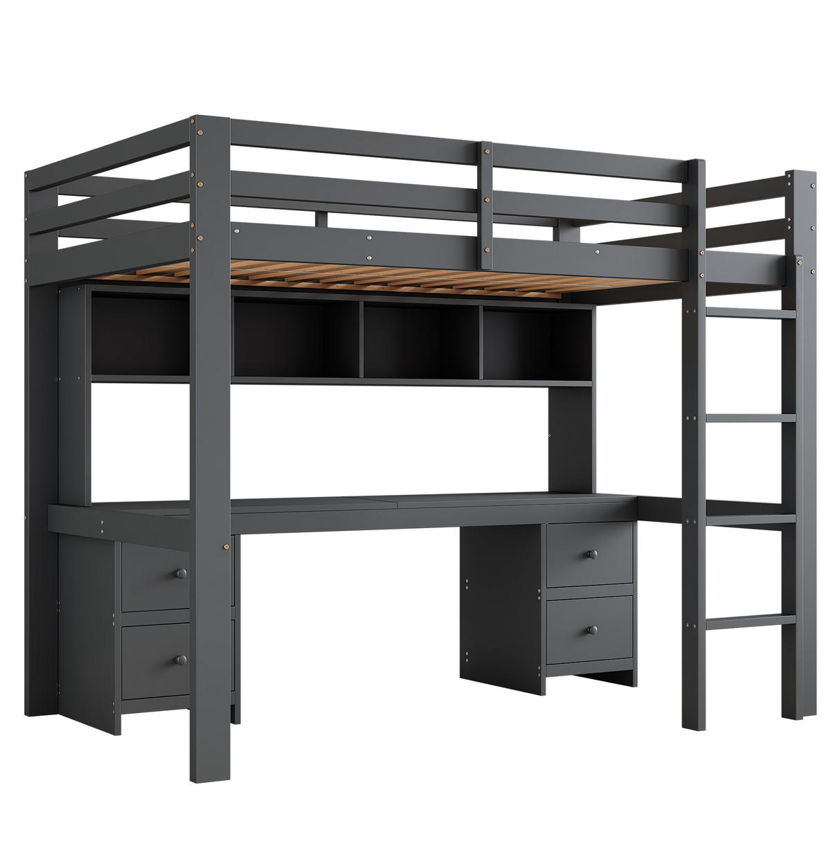 HOCHBETT aus Kiefernholz/MDF 90x200 cm in Grau mit Schreibtisch & Stauraum - Grau, Holz (90/200cm) - Modfu