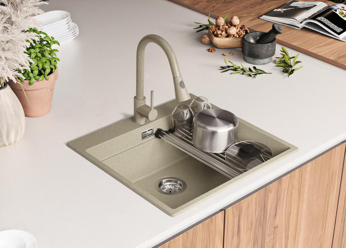 GRANITSPÜLE Oslo Max, 2-er set Beige 58/53 cm 1 Becken + Küchenarmatur 38/14 cm + Ablauf-Set + Aufrollbare Abtropffläche ab 60er Unterschrank - Chromfarben/Beige, Kunststoff (58/20/53cm) - Primagran