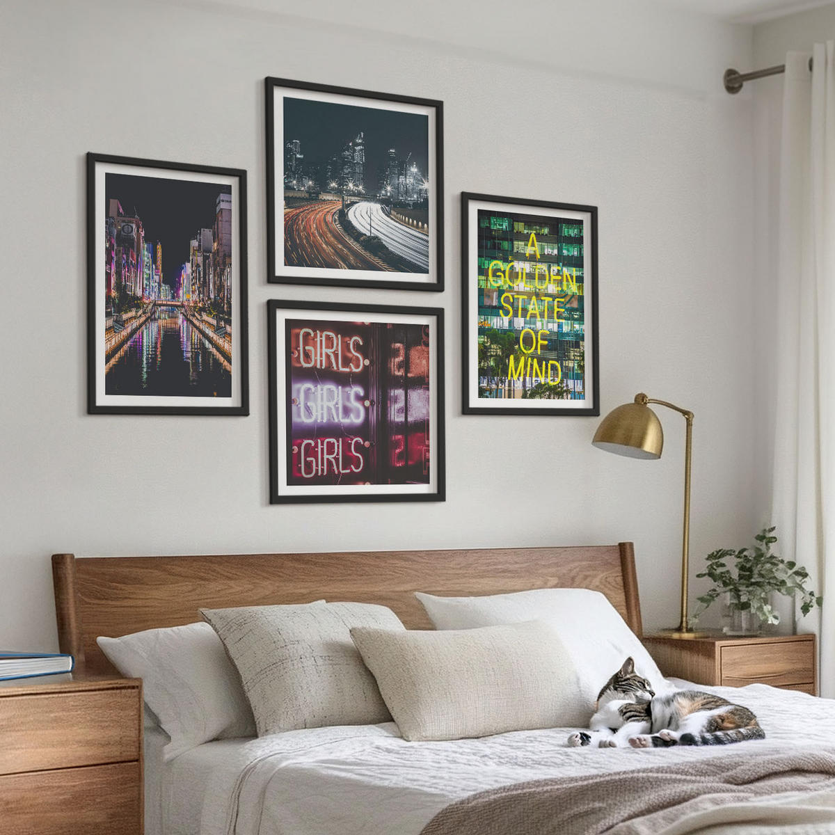 WANDBILDER 4er-Set - 50x50 cm & 40x60 cm Schwarzer Rahmen - Neonreklamen in der Stadt bei Nacht - Schwarz, Kunststoff (50/50cm) - ArtPrintCave