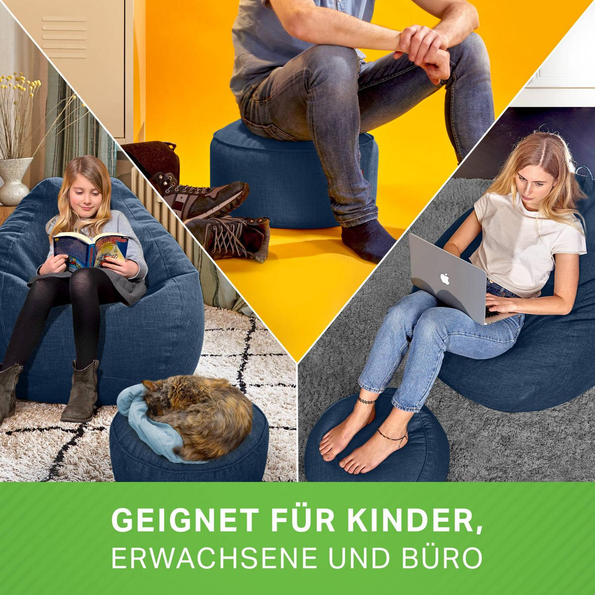 SITZSACK-HOCKER "Home Linen" 45x25cm - Dunkelblau, Textil (45/25/45cm) - Green Bean