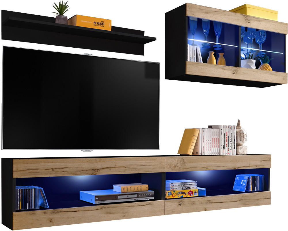 WOHNWAND TIVOLI SET6-BLACK/WOTAN+BLU Offener Raum Schwarz Wotan - Eiche Wotan/Schwarz, Glas/Holzwerkstoff (200/195/35cm) - Komodee