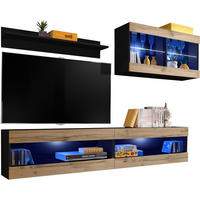 WOHNWAND TIVOLI SET6-BLACK/WOTAN+BLU Offener Raum Schwarz Wotan - Eiche Wotan/Schwarz, Glas/Holzwerkstoff (200/195/35cm) - Komodee