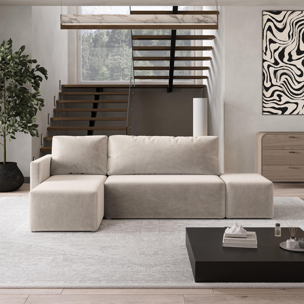 ECKSOFA VELOTTI L-S Beige Plüsch-Stoff mit Schlaffunktion - Beige, Holz (261/143cm) - MASSENO