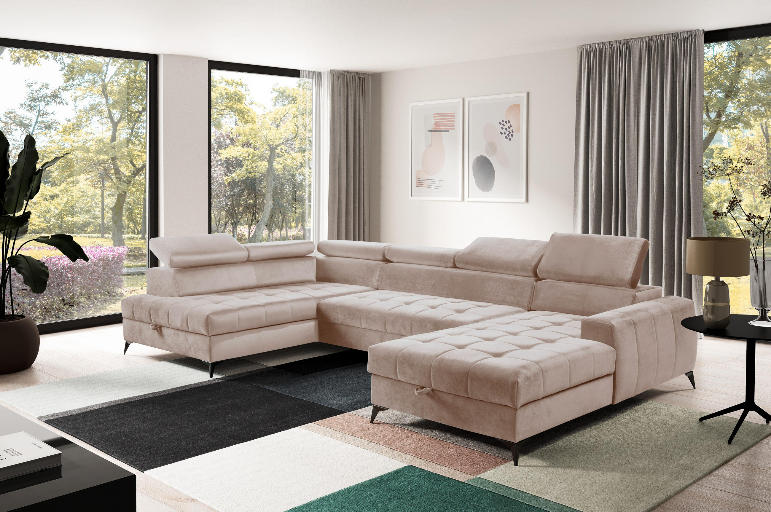 WOHNLANDSCHAFT Arkucio U Beige 345/200/95 cm – großes Sofa mit Schlaffunktion R - Beige/Schwarz, Textil/Metall (345/95/200cm) - AX Living