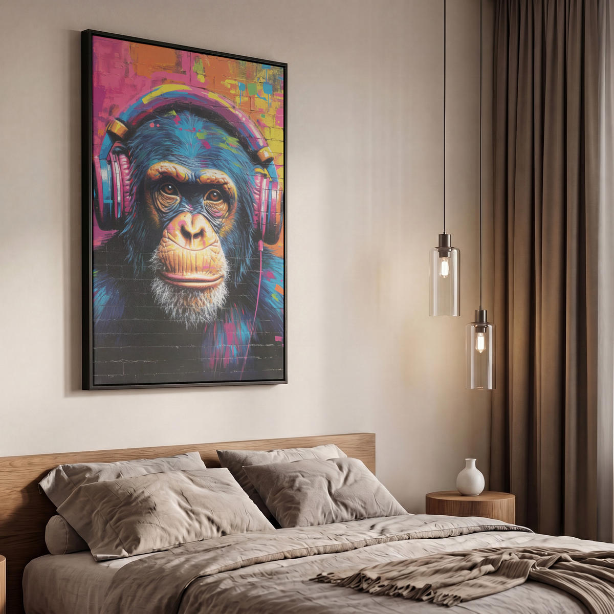 LEINWAND Bilder mit Rahmen - Graffiti - Schimpanse - Straßenkunst - Kopfhörer - Affe - 60x90 - Blau, Textil (60/90cm) - MuchoWow