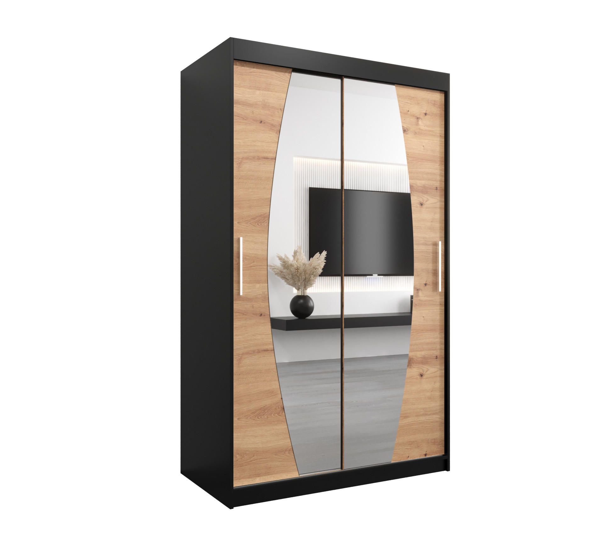 Abiks Möbel Schwebetürenschrank Schwarz, Eiche Artisan 120x200x62 cm