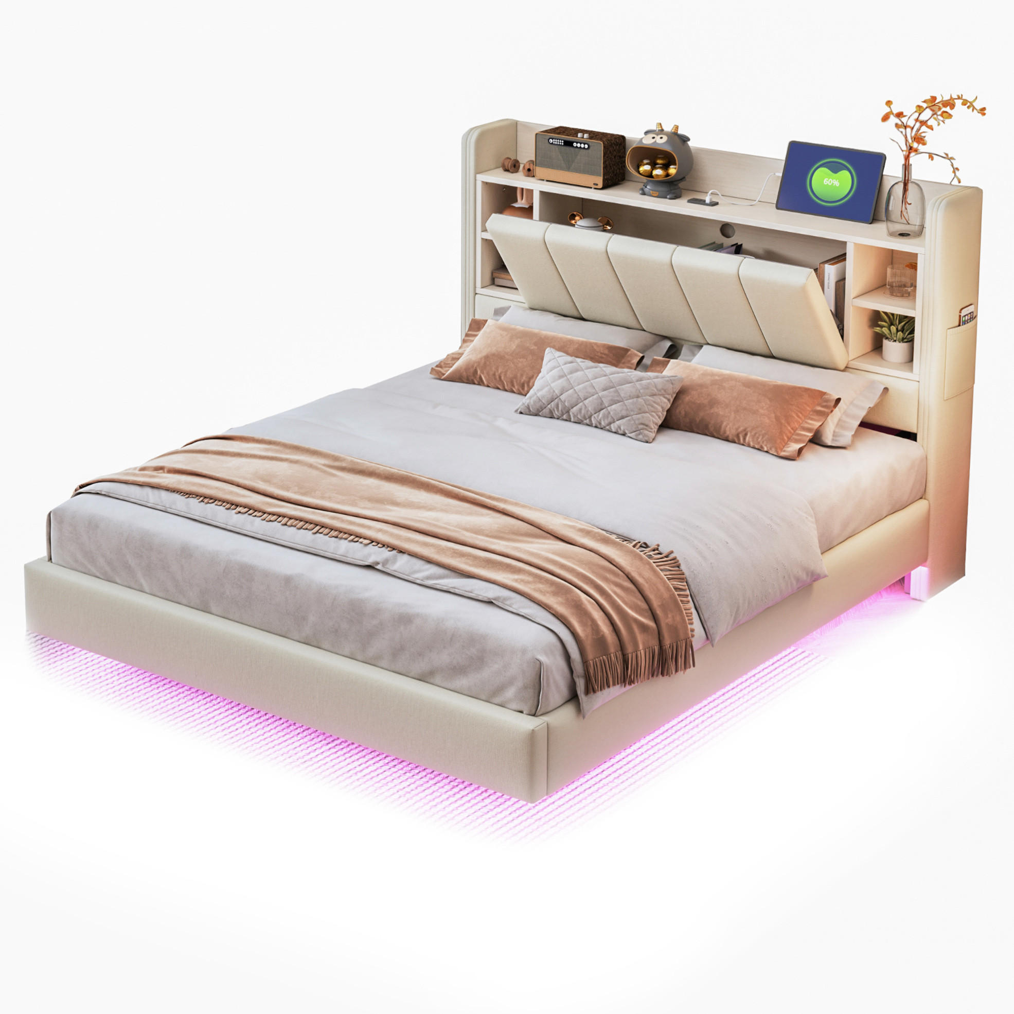 POLSTERBETT mit LED-Beleuchtung 140/200 cm mit USB und Stauraum in Beige - Beige, Textil (140/200cm) - BEAOK