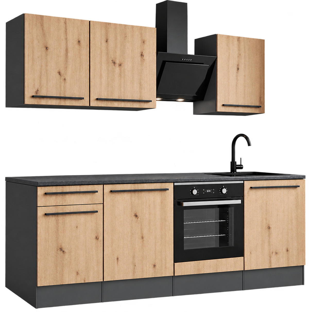 KÜCHENZEILE Eiche Artisan, Grau 7-teilig 220 x 210 cm, Küchenschrank Set mit viel Stauraum - Anthrazit/Eiche Artisan, Holzwerkstoff (220/210/60cm) - Inn.Furn